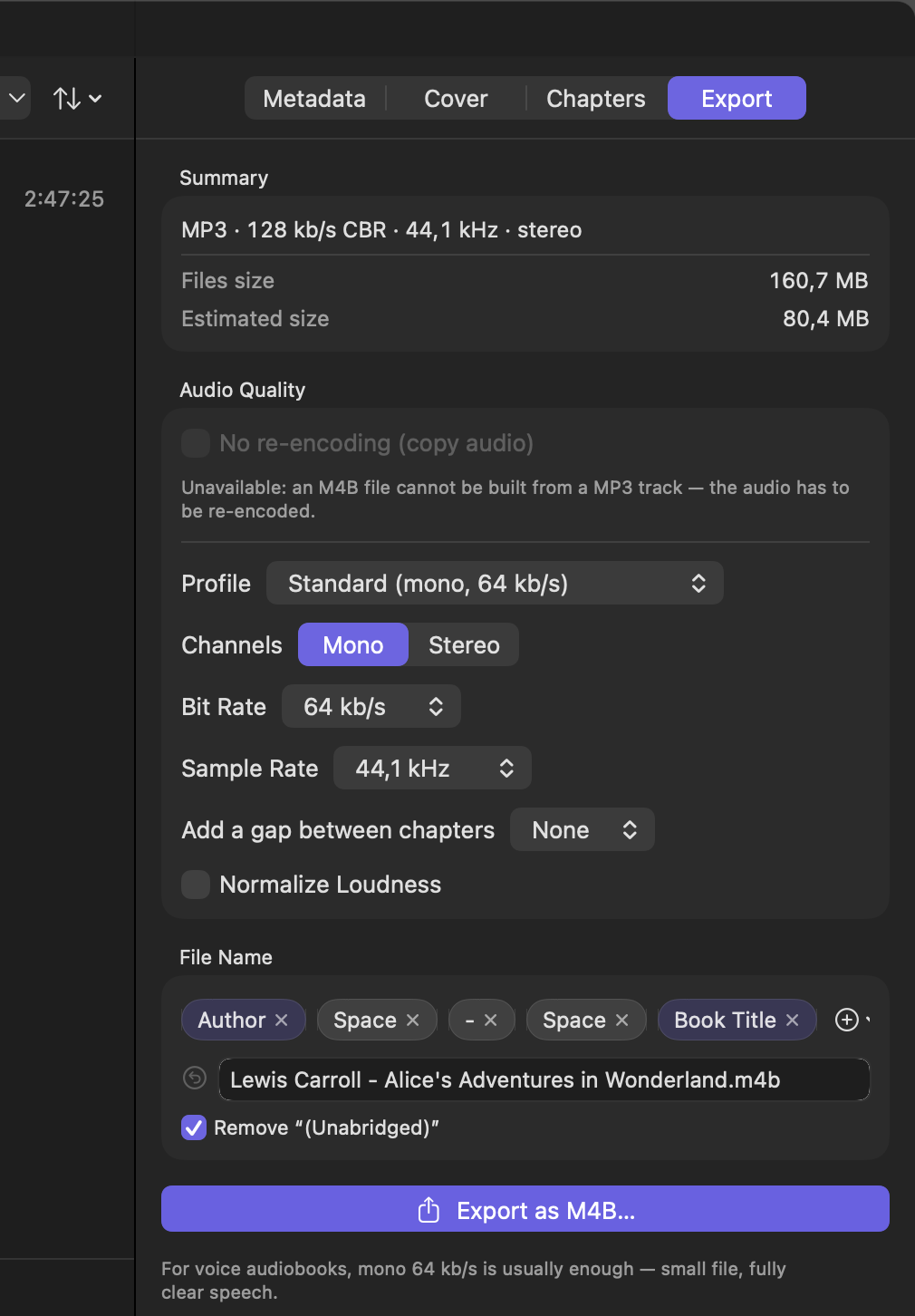The Export tab in Abobi with the Standard profile and the estimated file size