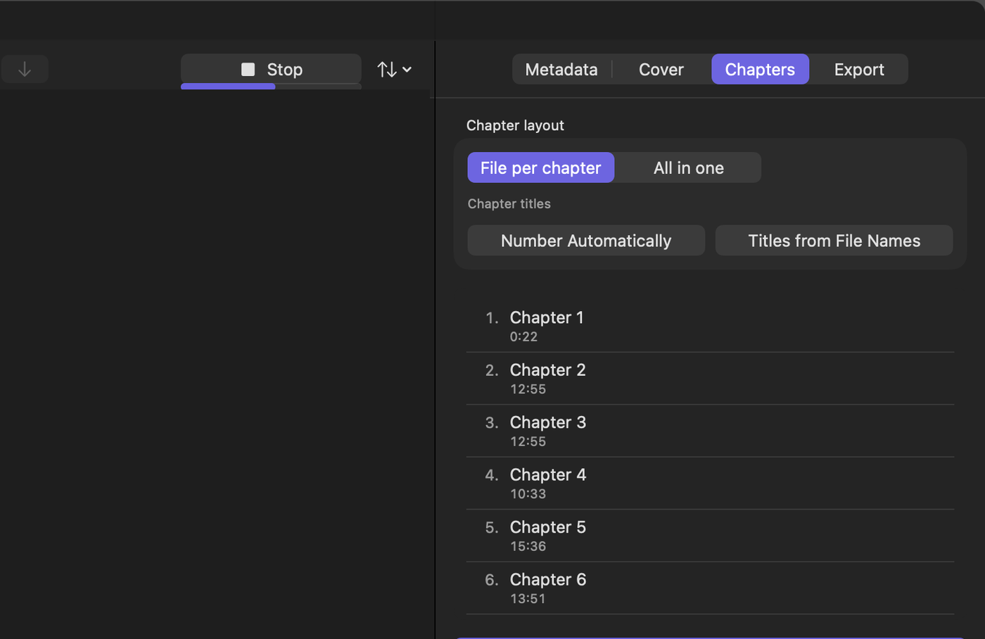 Abobi finding chapters: the Stop button with progress, and the suggested chapter list