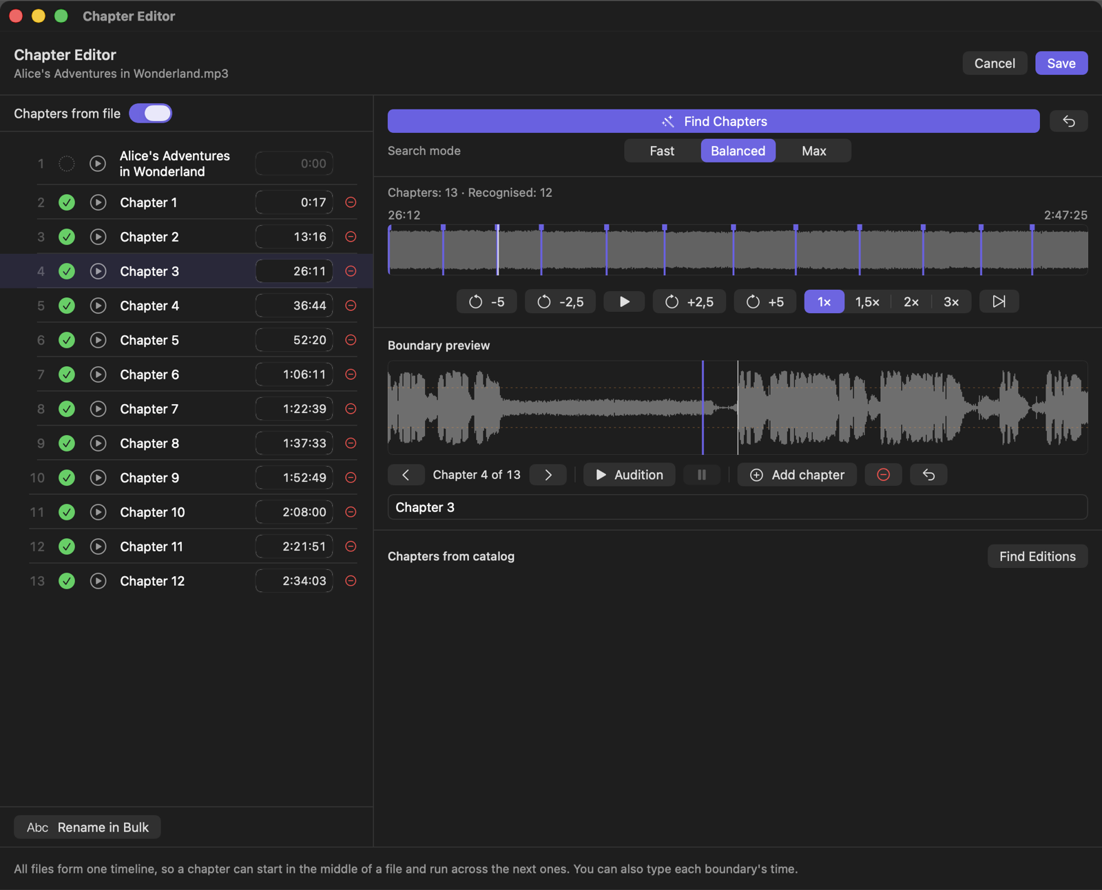 The chapter editor: the list on the left, the whole book and the boundary preview on the right.