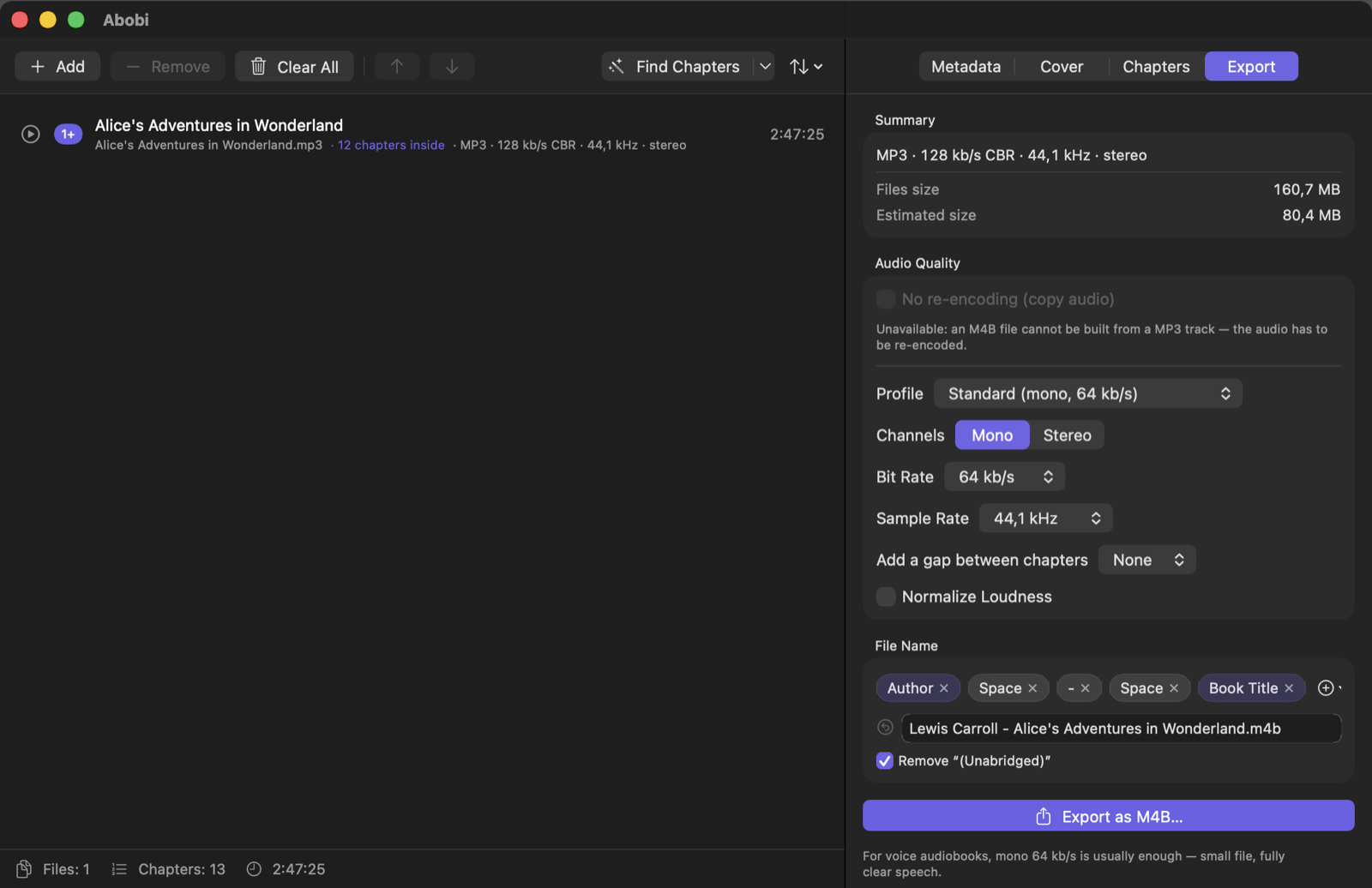 Export settings and file name — all in one tab.
