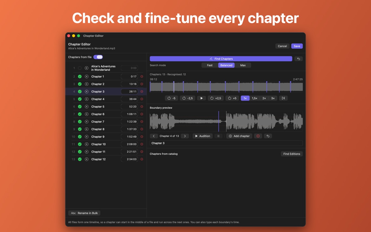 The chapter editor with the waveform of the whole book