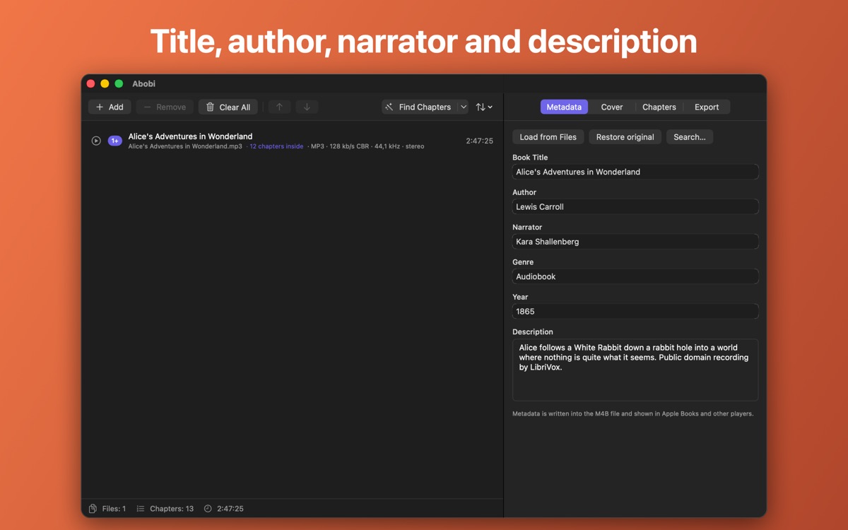 The Metadata tab with title, author, narrator and description