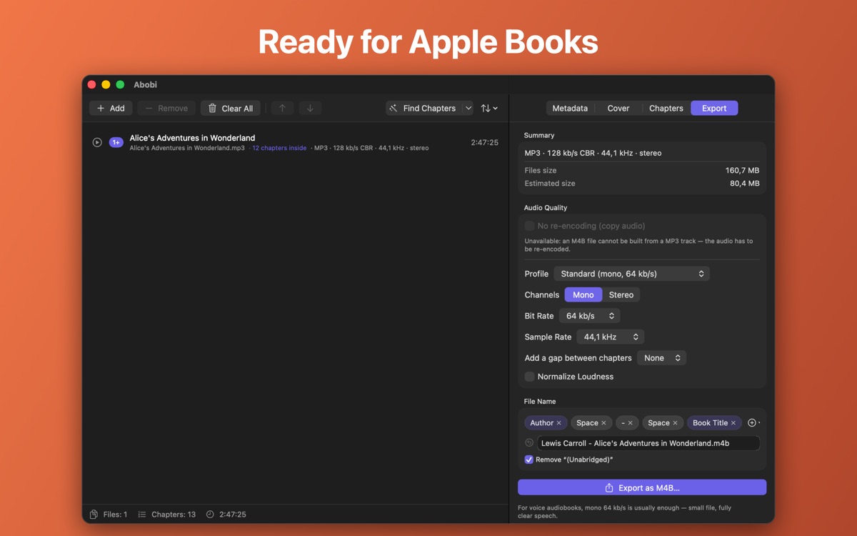 The Export tab with sound presets and the estimated file size